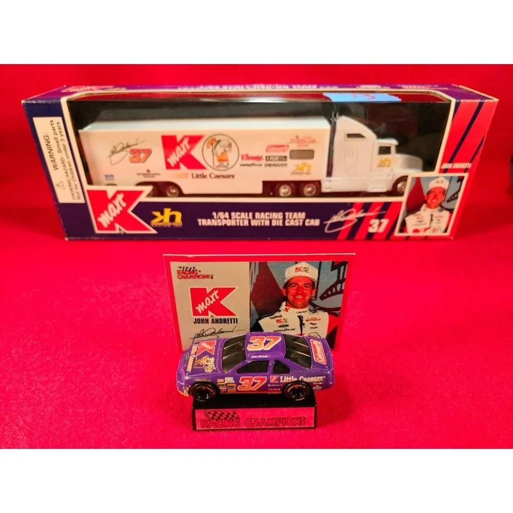 JOHN ANDRETTI‎ NASCAR TRANSPORTER BUNDLE w/MATCHING STOCKCAR & PLAYER CARD
